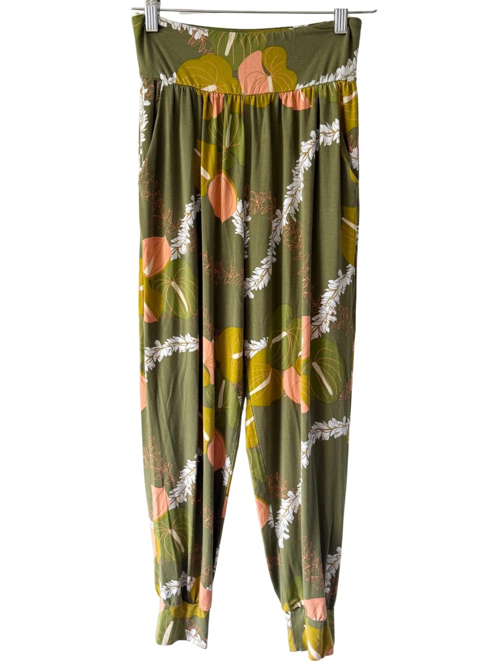 Fighting Eel Olive Woven Lei Harem Jogger Pants Womens XS Floral Stretch Hawaii